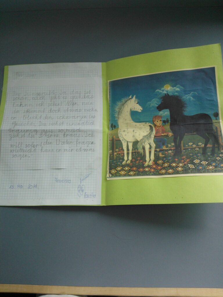 Ein Brief mit gute Besserungswünschen und ein Bild mit zwei Pferden drauf
